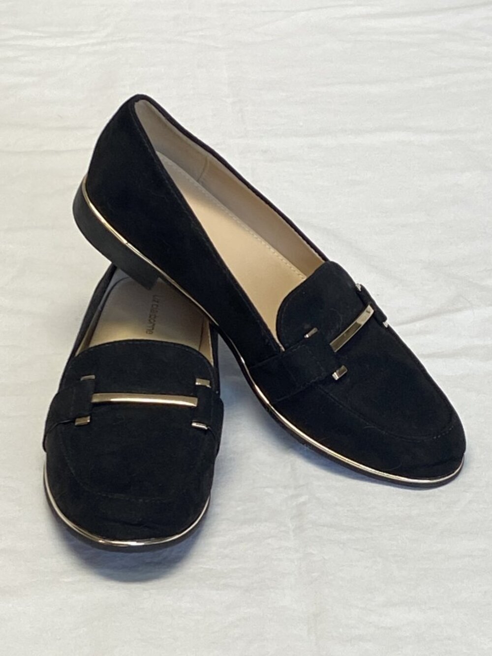 Liz Claiborne Times Black Imitation Suede 7M Flats Gold Bar Vamp Classic Loafers